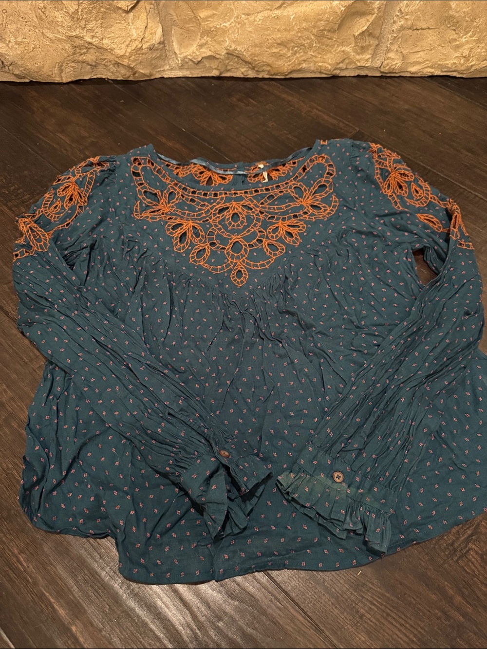 Free People Teal Blouse with Orange Embroidery